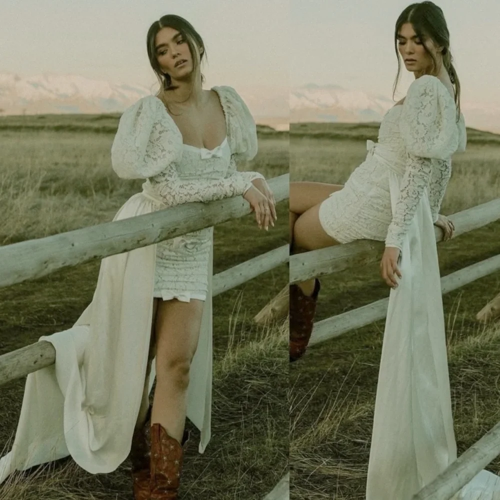 NWT For Love & Lemons Colette Lace Bow Bridal Dress With Train - Picture 7 of 14